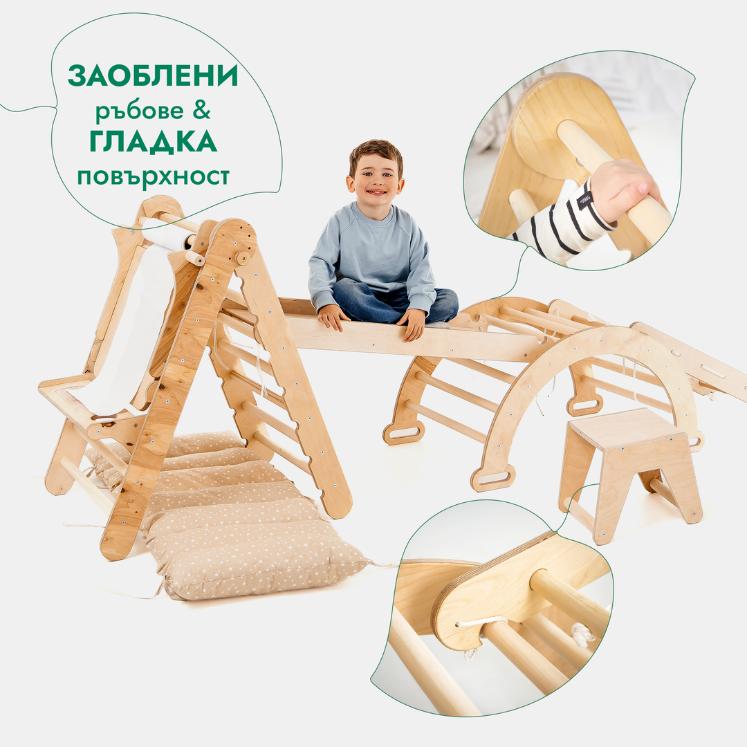 6в1 комплект за катерене Монтесори: триъгълна стълба + арка/баланс люлка + пързалка/рампа + мрежа + възглавница + приставка за рисуване