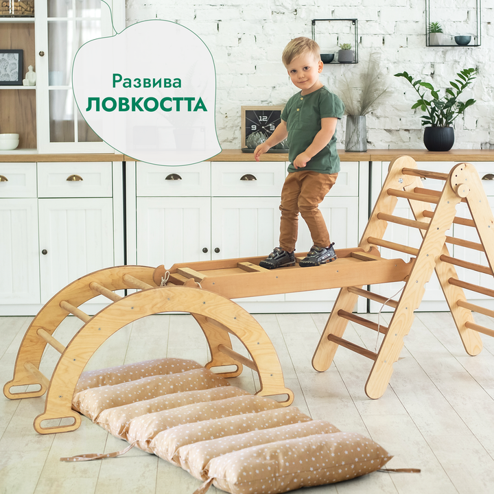 4в1 комплект за катерене Монтесори: триъгълна стълба + арка за катерене + пързалка и възглавница