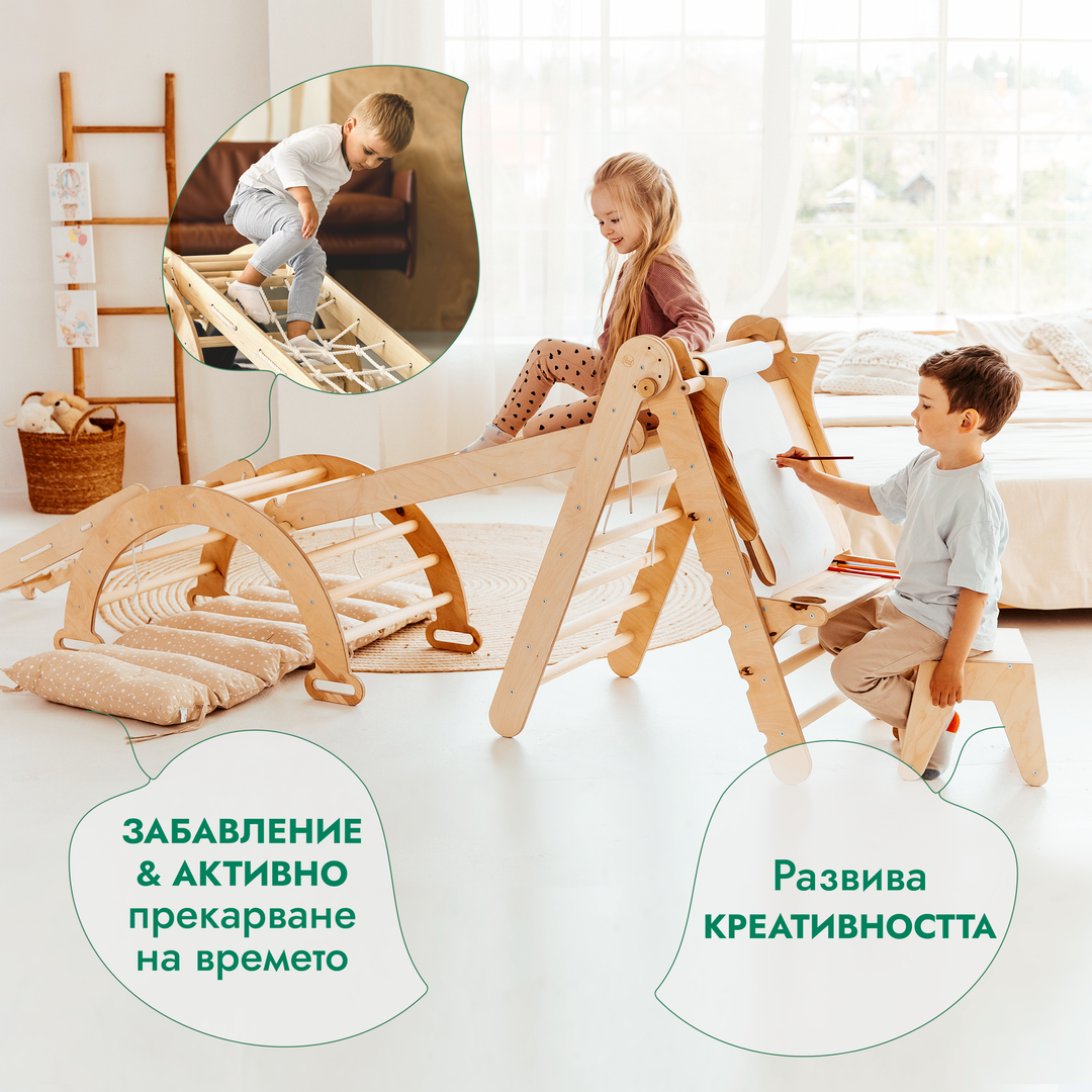 6в1 комплект за катерене Монтесори: триъгълна стълба + арка/баланс люлка + пързалка/рампа + мрежа + възглавница + приставка за рисуване