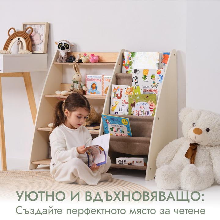 Рафт за книги и играчки 2-в-1 Монтесори за прохождащи деца
