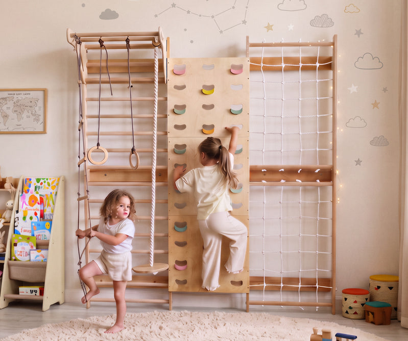 7-in-1 Детска стена за катерене: шведска стена, хватки, мрежа, лост, люлки 3-в-1